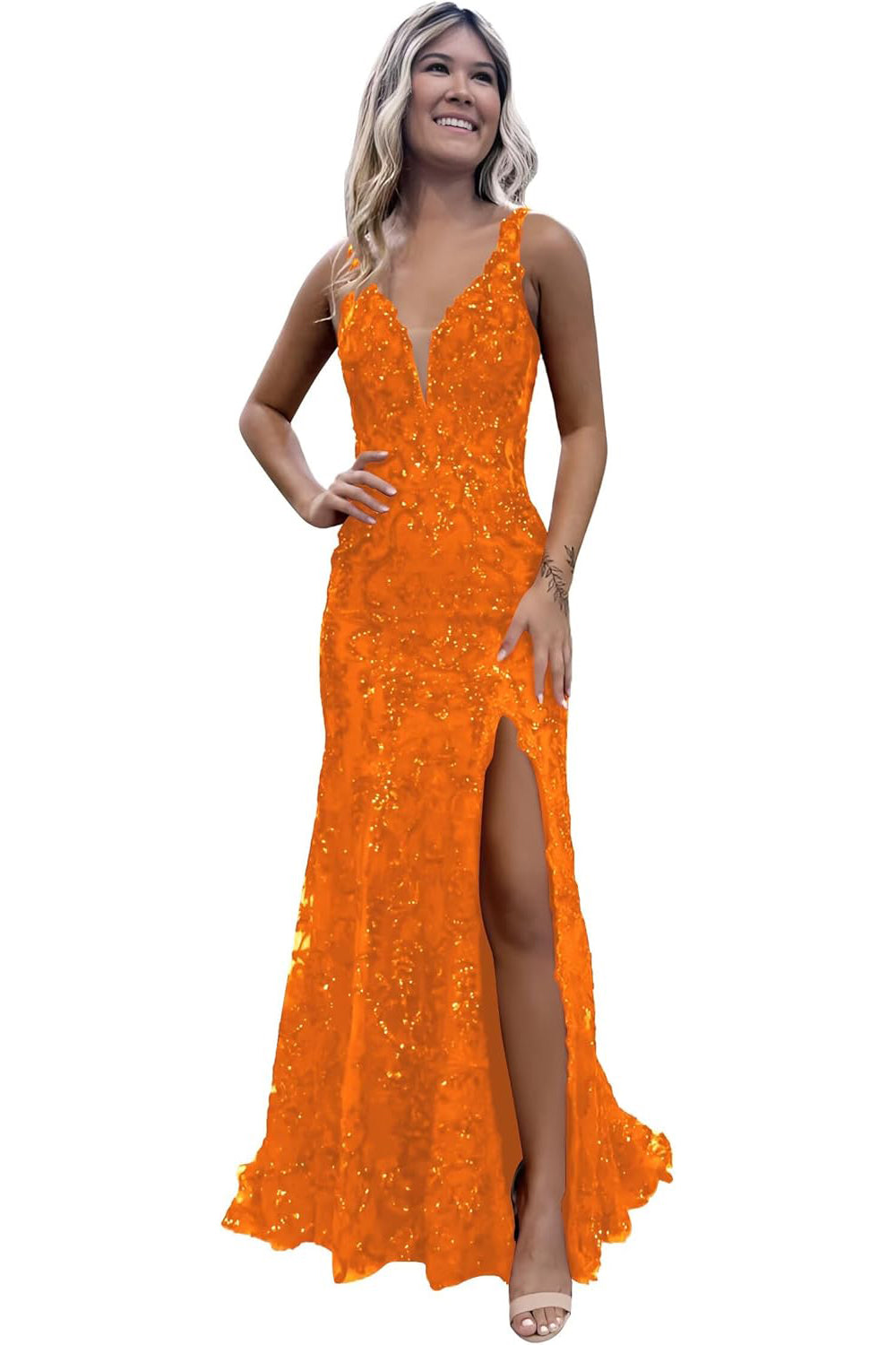 V-neck Sequin Backless Long Mermaid Prom Dress with Slit