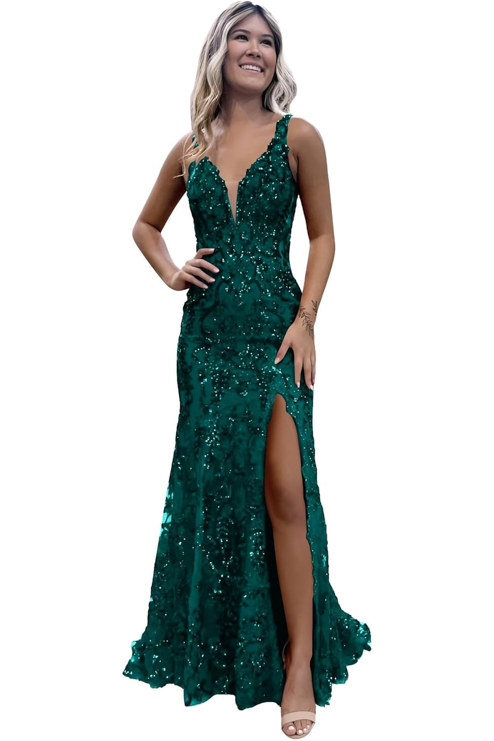 V-neck Sequin Backless Long Mermaid Prom Dress with Slit