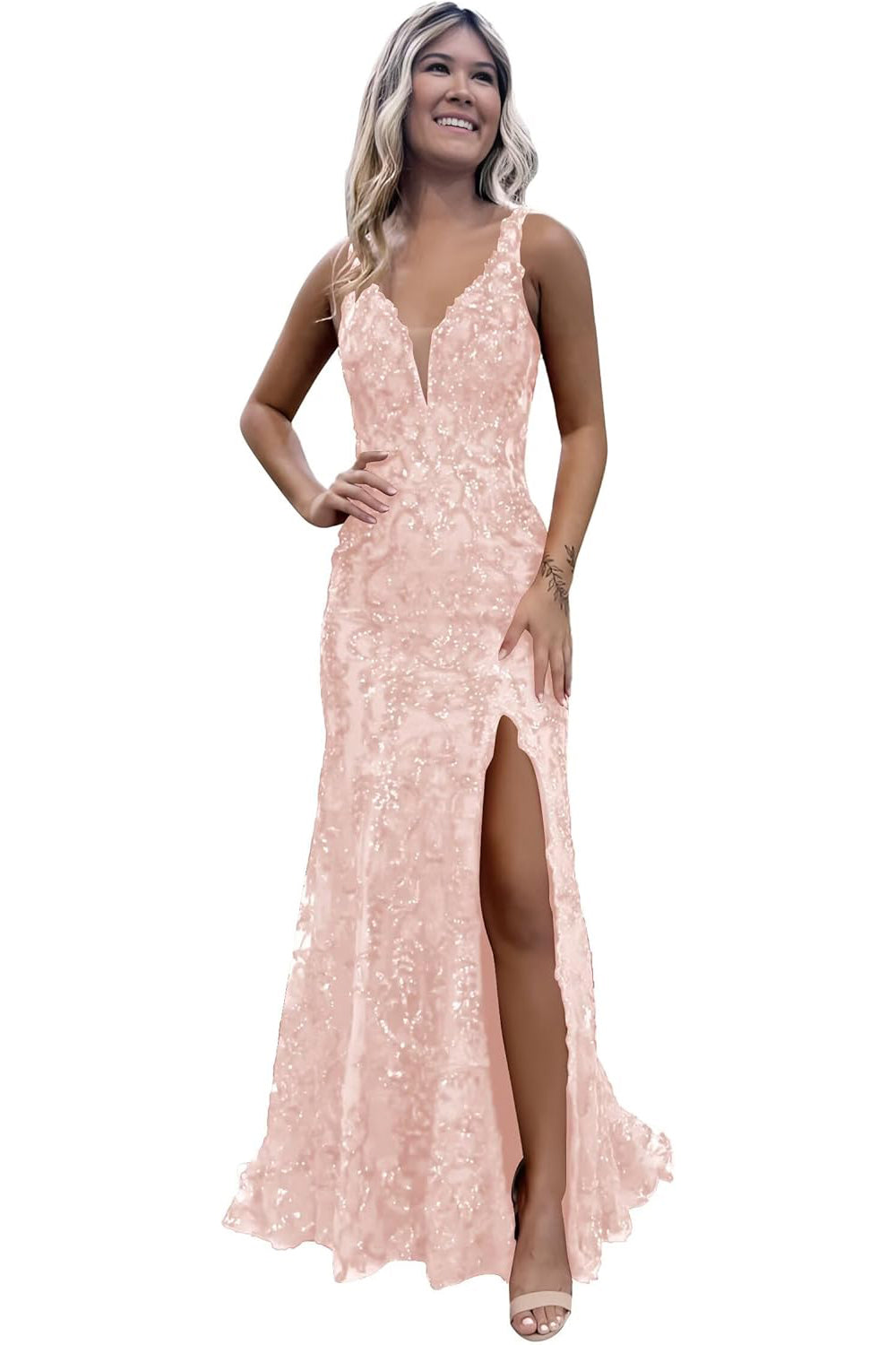 V-neck Sequin Backless Long Mermaid Prom Dress with Slit