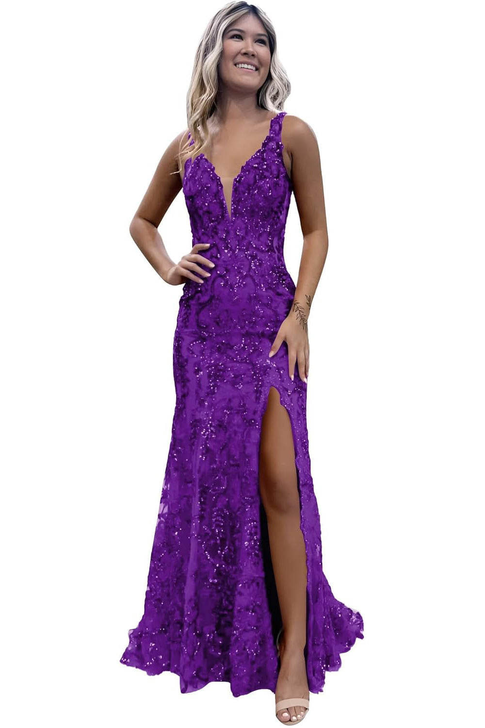 V-neck Sequin Backless Long Mermaid Prom Dress with Slit