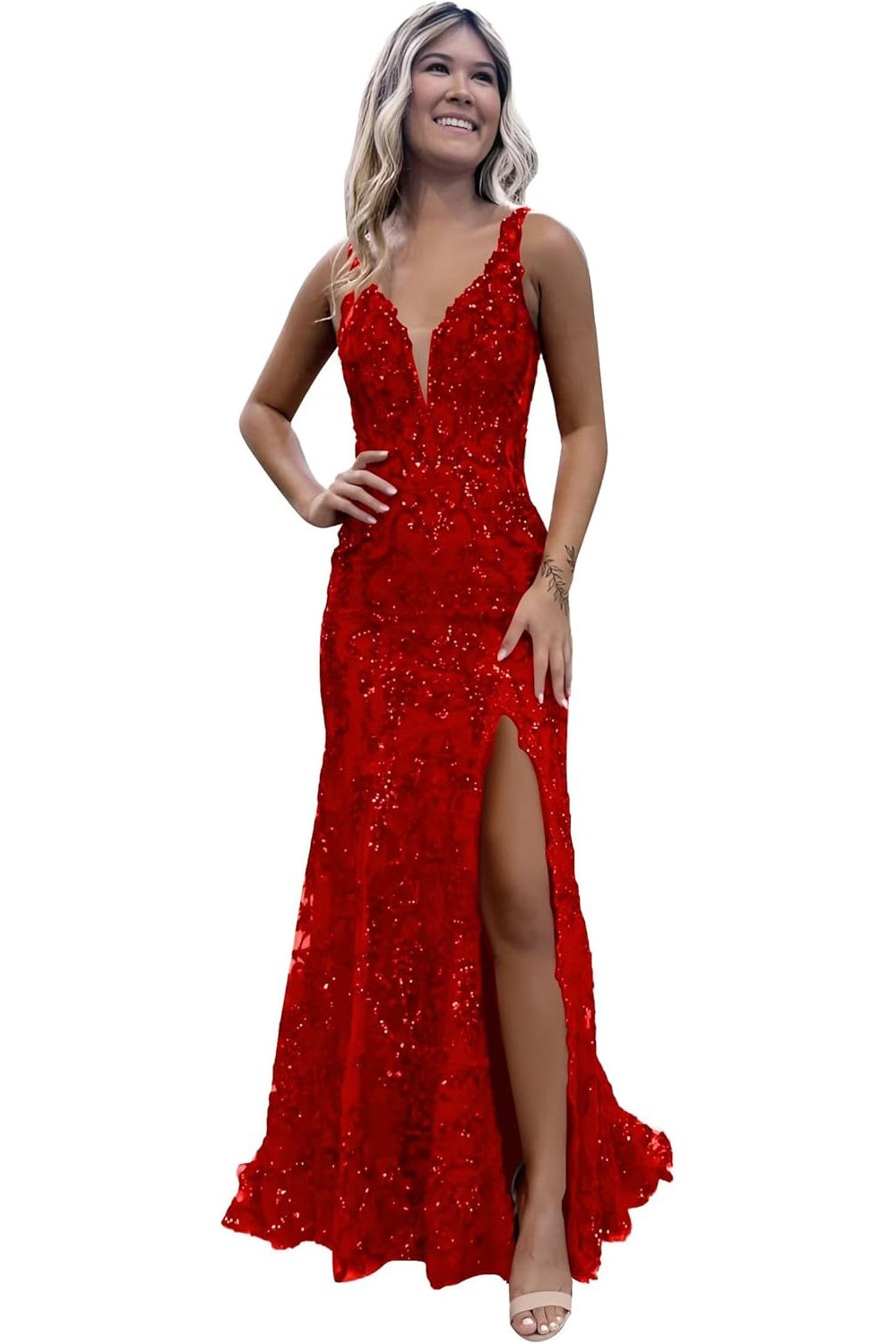 V-neck Sequin Backless Long Mermaid Prom Dress with Slit