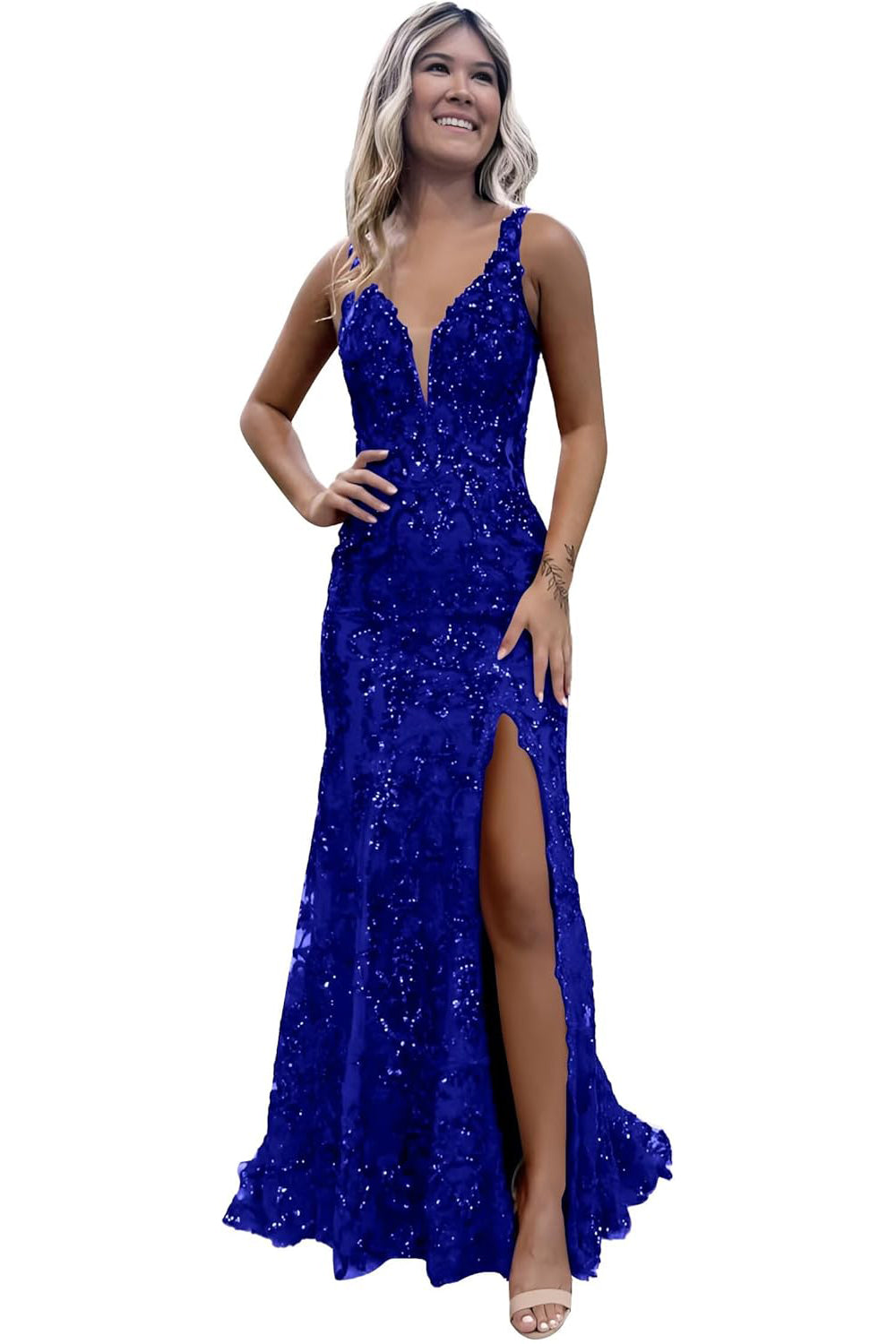 V-neck Sequin Backless Long Mermaid Prom Dress with Slit