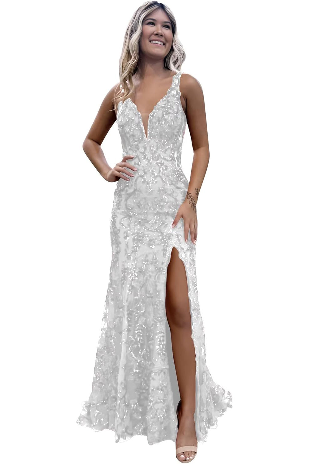 V-neck Sequin Backless Long Mermaid Prom Dress with Slit