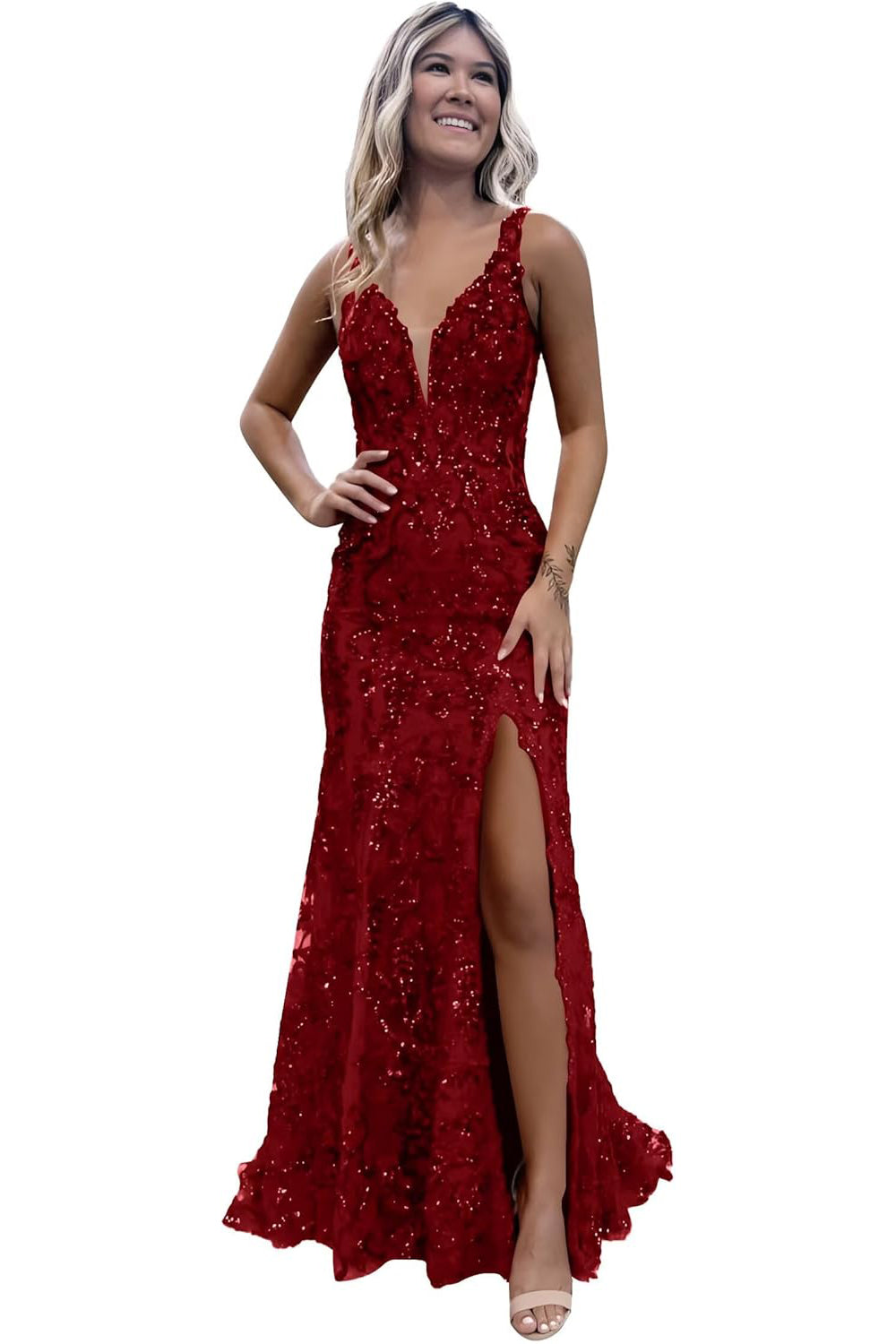 V-neck Sequin Backless Long Mermaid Prom Dress with Slit