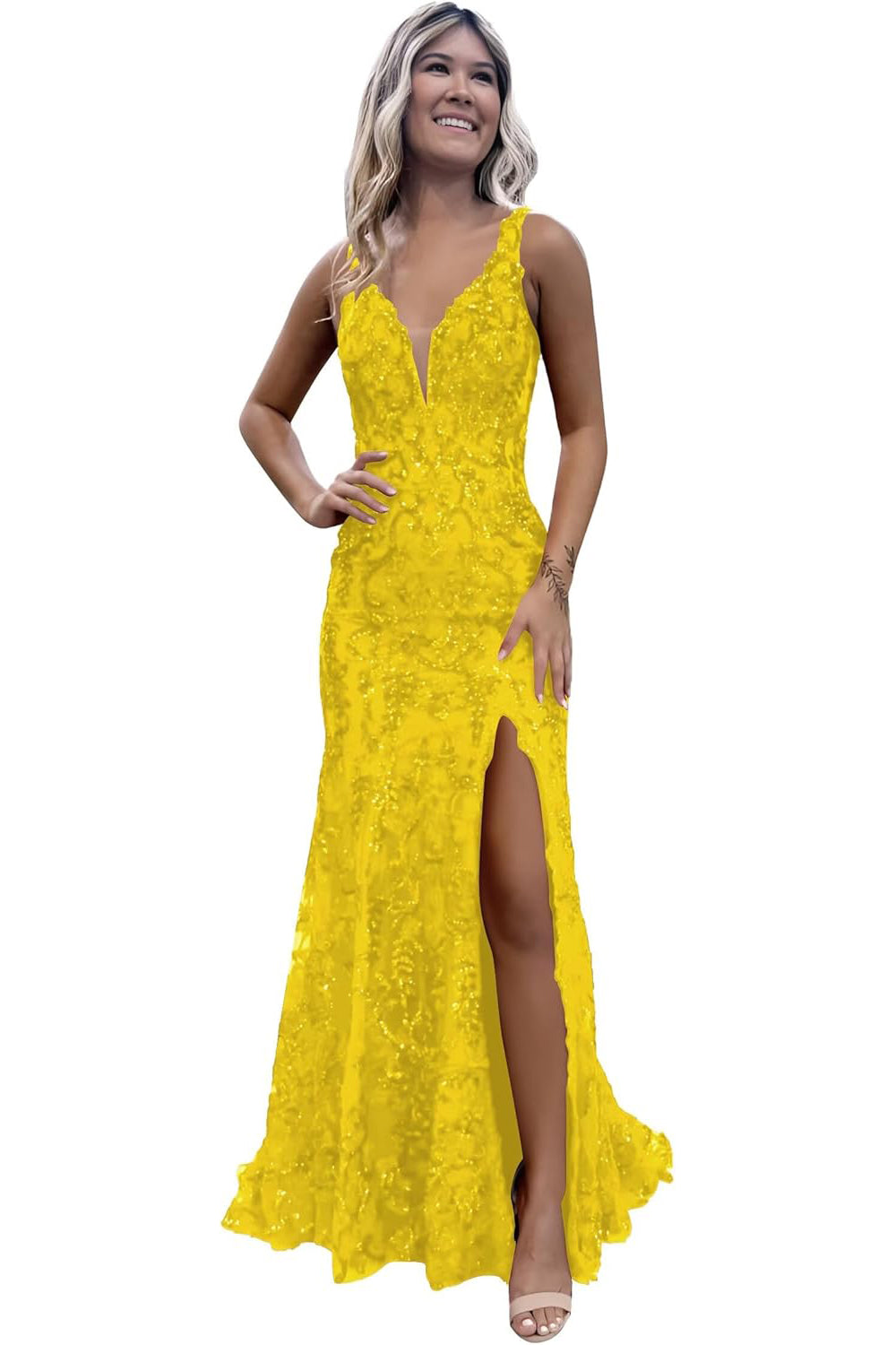 V-neck Sequin Backless Long Mermaid Prom Dress with Slit