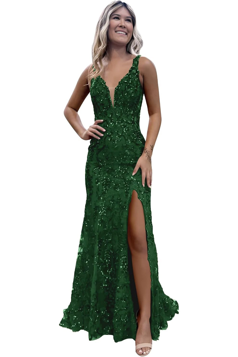 V-neck Sequin Backless Long Mermaid Prom Dress with Slit