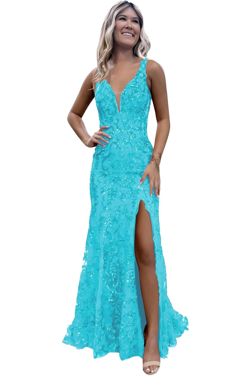 V-neck Sequin Backless Long Mermaid Prom Dress with Slit