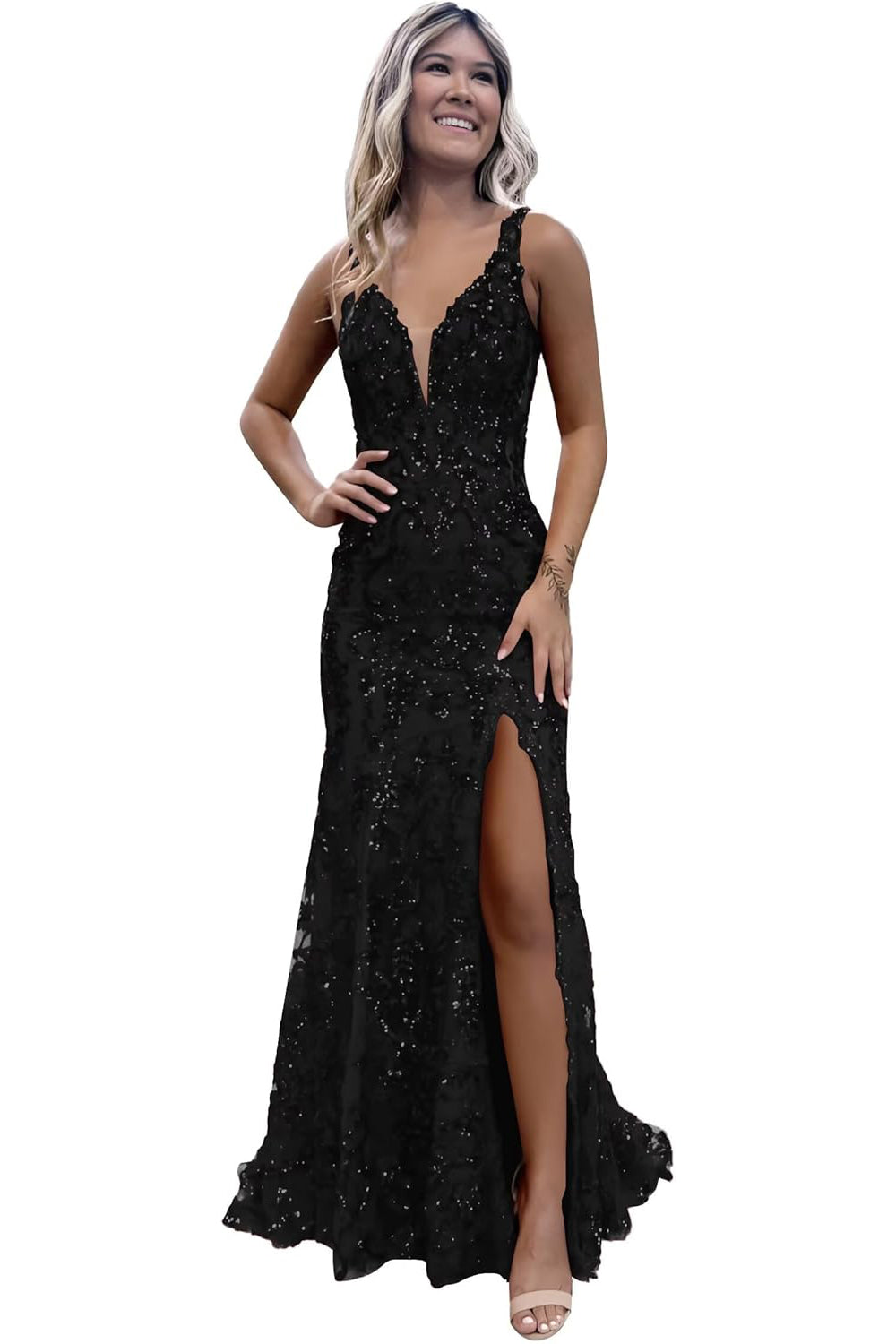 V-neck Sequin Backless Long Mermaid Prom Dress with Slit