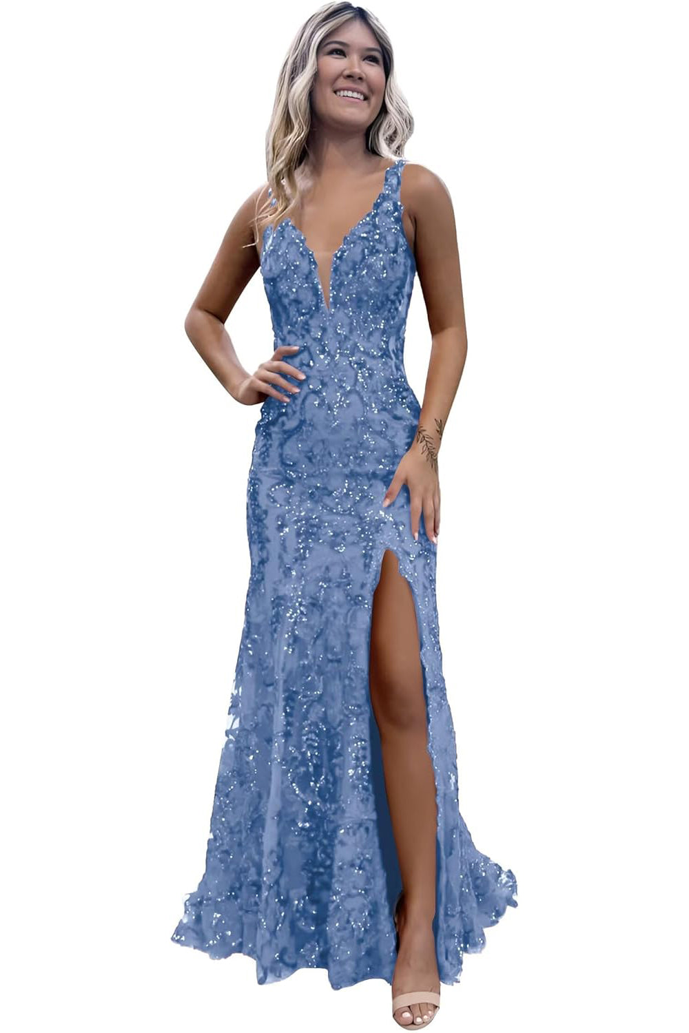 V-neck Sequin Backless Long Mermaid Prom Dress with Slit