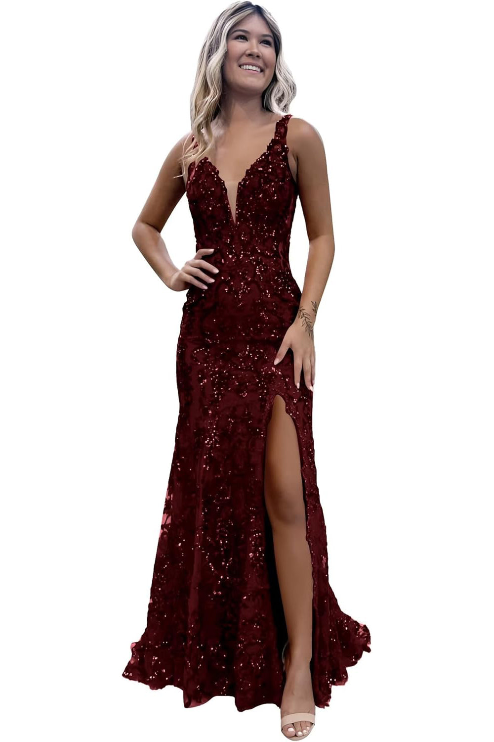 V-neck Sequin Backless Long Mermaid Prom Dress with Slit
