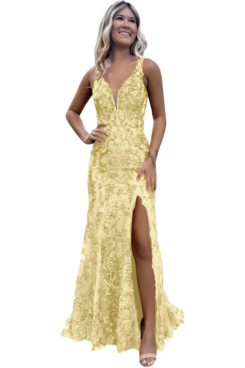 V-neck Sequin Backless Long Mermaid Prom Dress with Slit