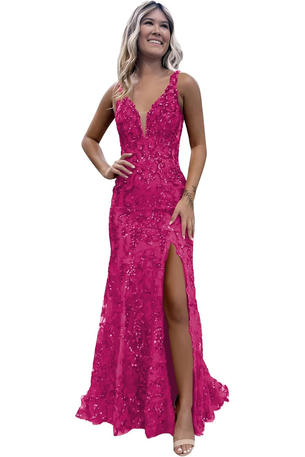 V-neck Sequin Backless Long Mermaid Prom Dress with Slit