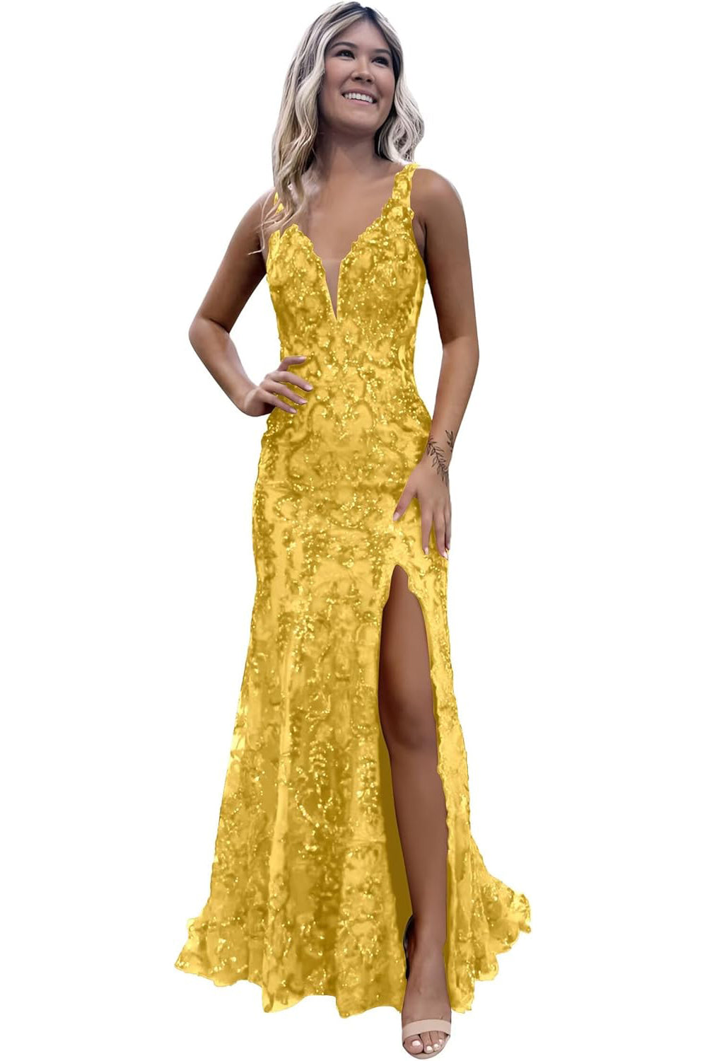 V-neck Sequin Backless Long Mermaid Prom Dress with Slit