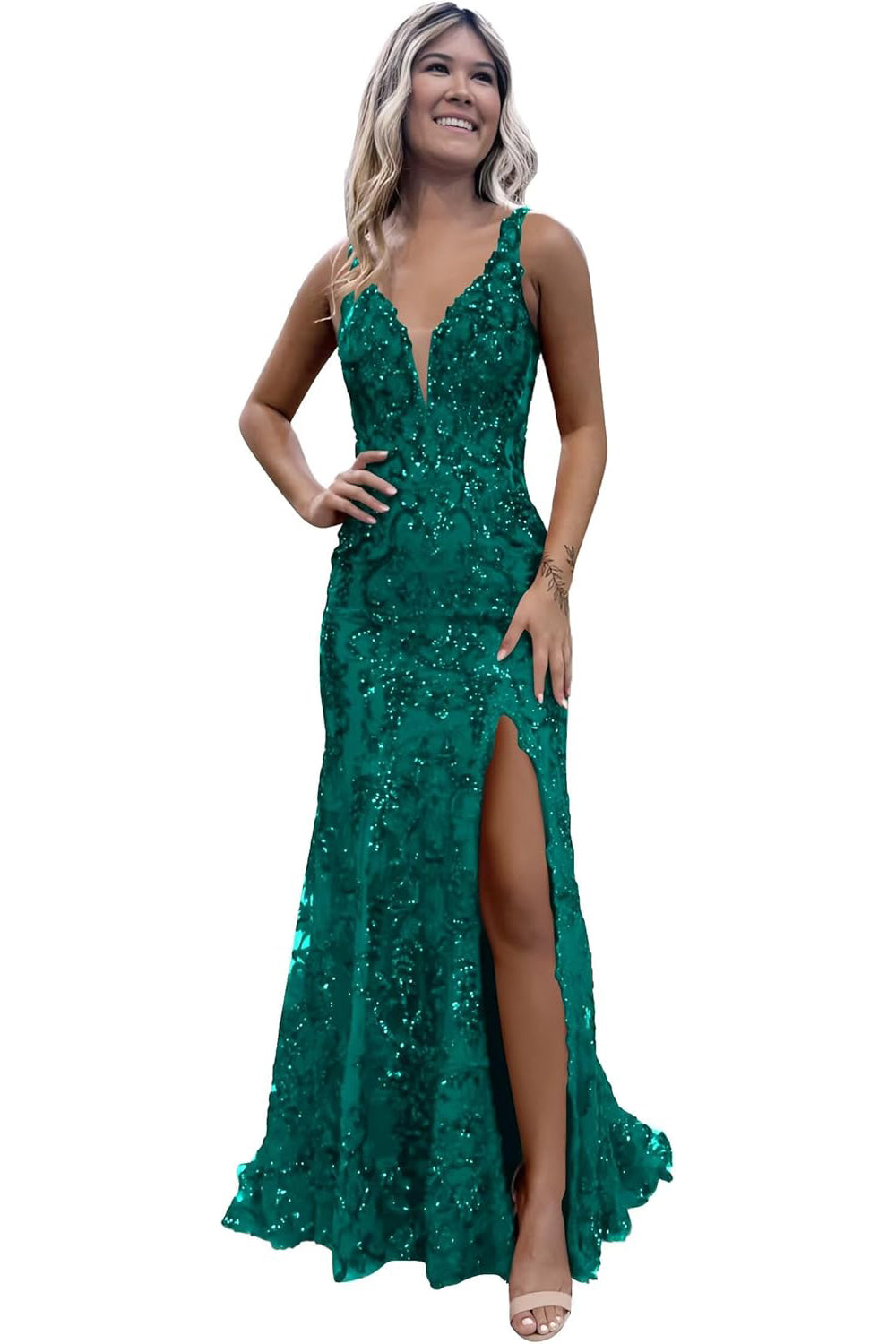 V-neck Sequin Backless Long Mermaid Prom Dress with Slit