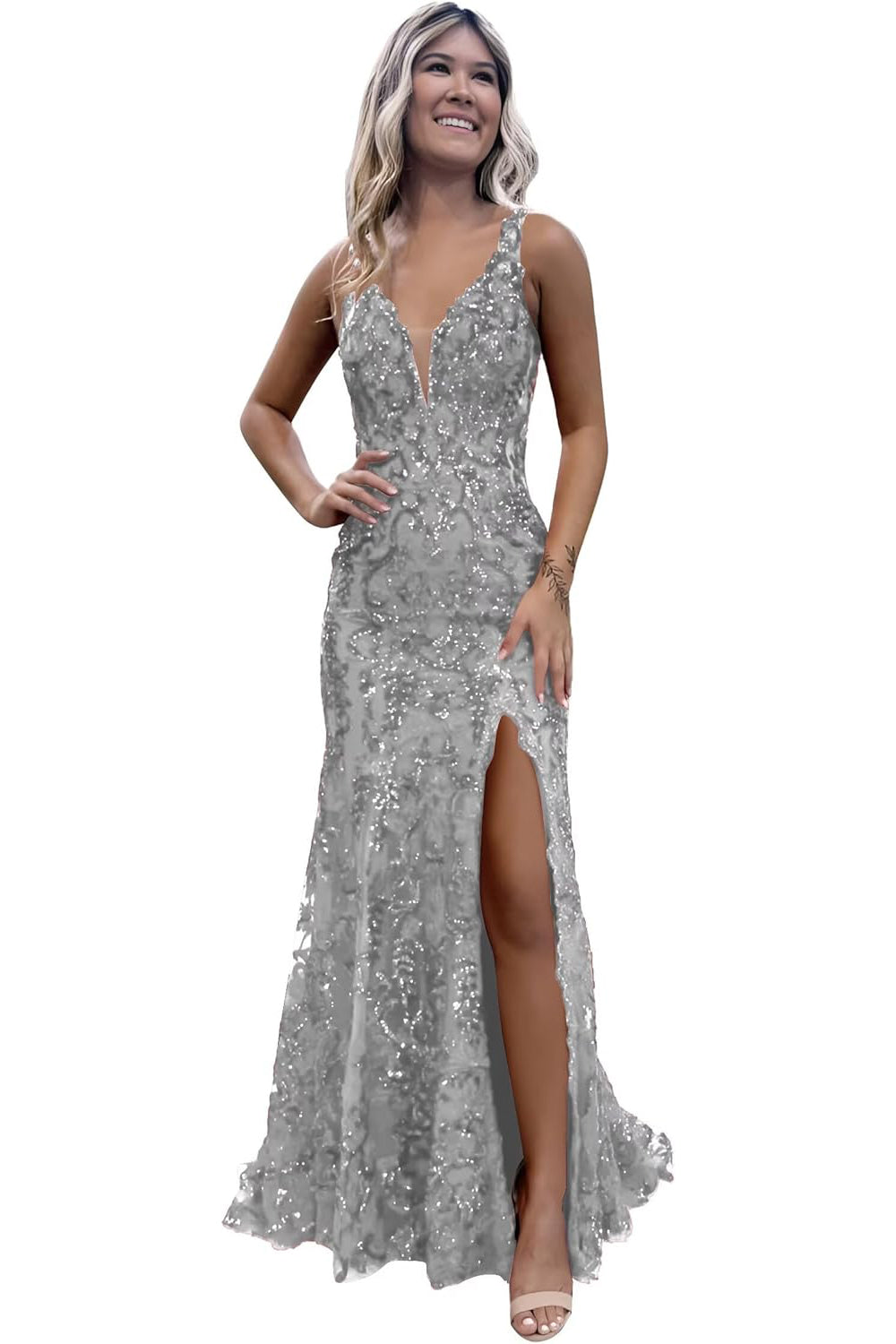 V-neck Sequin Backless Long Mermaid Prom Dress with Slit