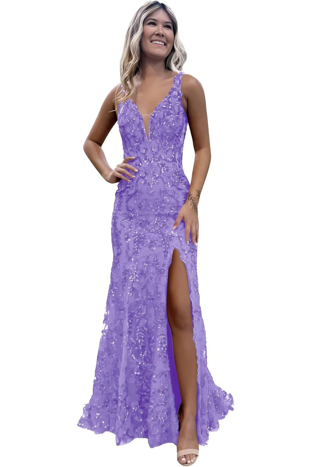V-neck Sequin Backless Long Mermaid Prom Dress with Slit