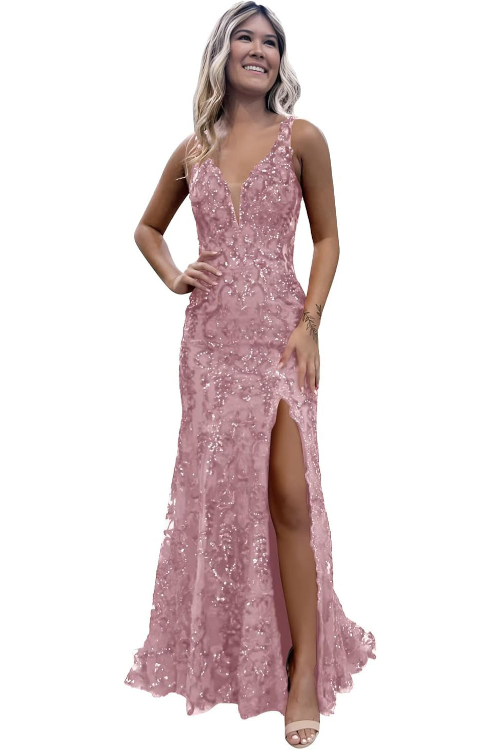 V-neck Sequin Backless Long Mermaid Prom Dress with Slit