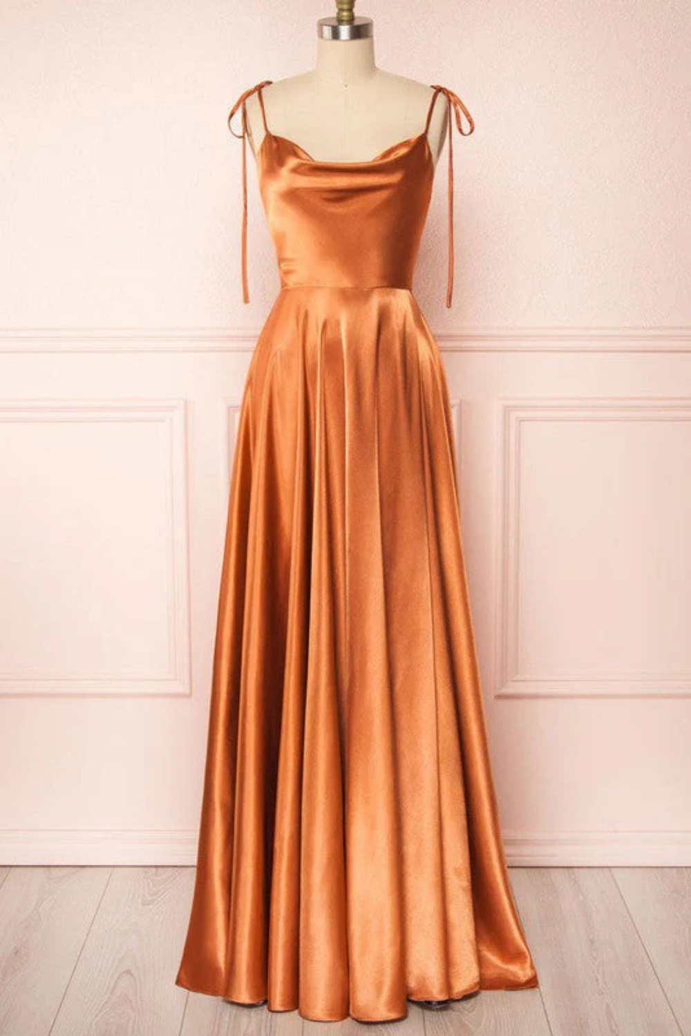 Long A-line Cowl Neck Silk-like Satin Sweep Train Formal Dresses