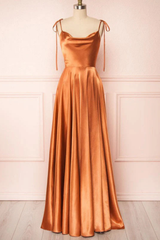 Long A-line Cowl Neck Silk-like Satin Sweep Train Formal Dresses