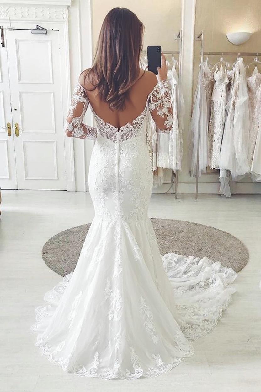 Long Sleeves Lace Wedding Dress Mermaid V-Neck Bridal Gowns 27dress Long Sleeves Lace Wedding Dress Mermaid V-Neck Bridal Gowns 27dress