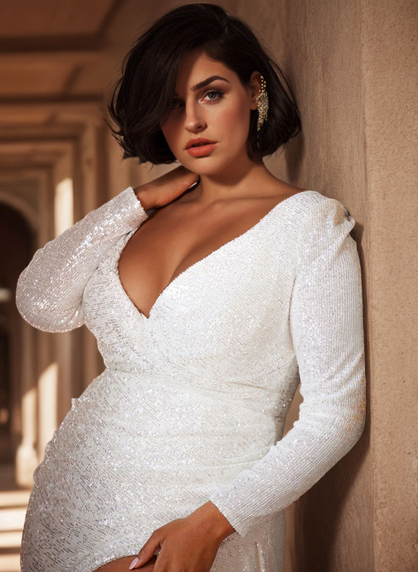Long Sleeves Sequined V-Neck Mermiad Backless Wedding Dresses With Split Front
