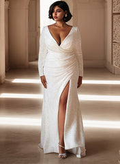 Long Sleeves Sequined V-Neck Mermiad Backless Wedding Dresses With Split Front