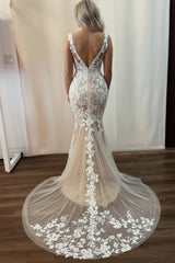 27dress Luxury Mermaid V-neck Tulle Sweep Train Wedding Dresses With Appliques Lace-Back