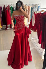 27Dress Mermaid Red Beading Satin Prom Dress Strapless Sleeveless with Bow