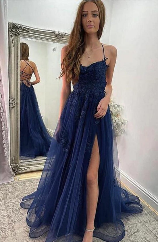 A-Line Halter Spaghetti Straps Tulle Long Front Slit Prom Dress with Appliques