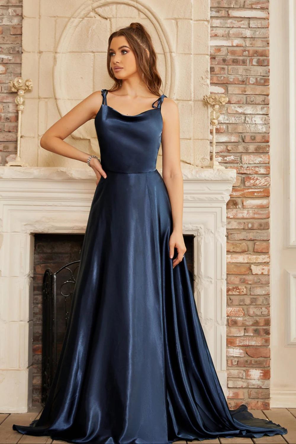 Navy Cowl Neck Satin A-Line Long Prom Dress with Bow