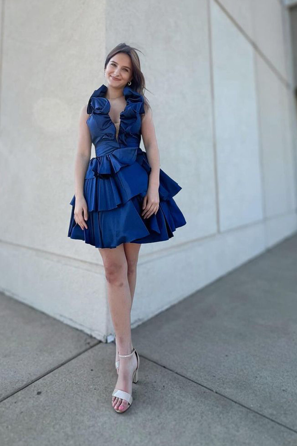 Navy Deep V-Neck A-Line Homecoming Dress with Ruffles