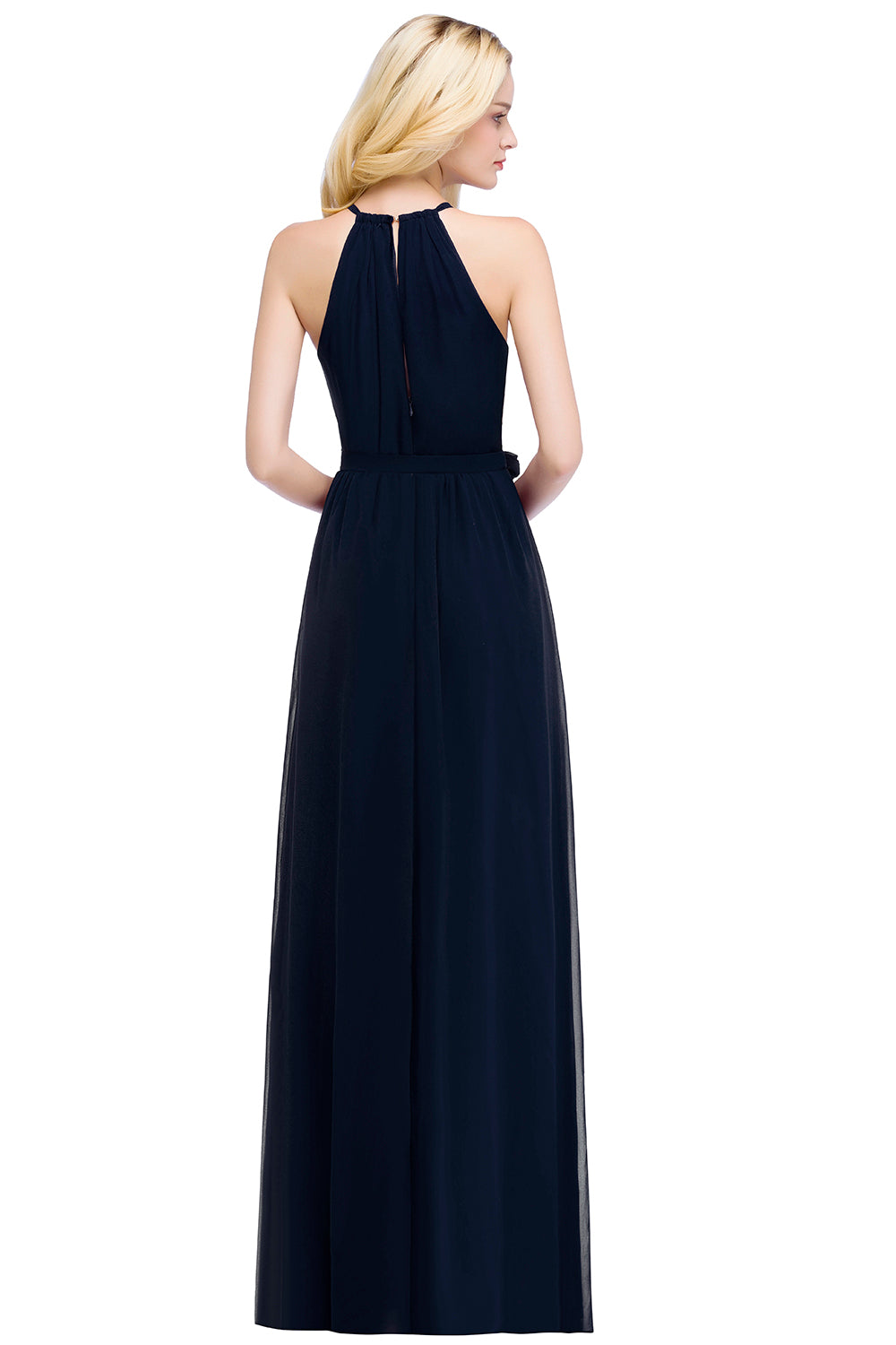 Navy Halter Chiffon A-Line Long Bridesmaid Dress with Bow Back View