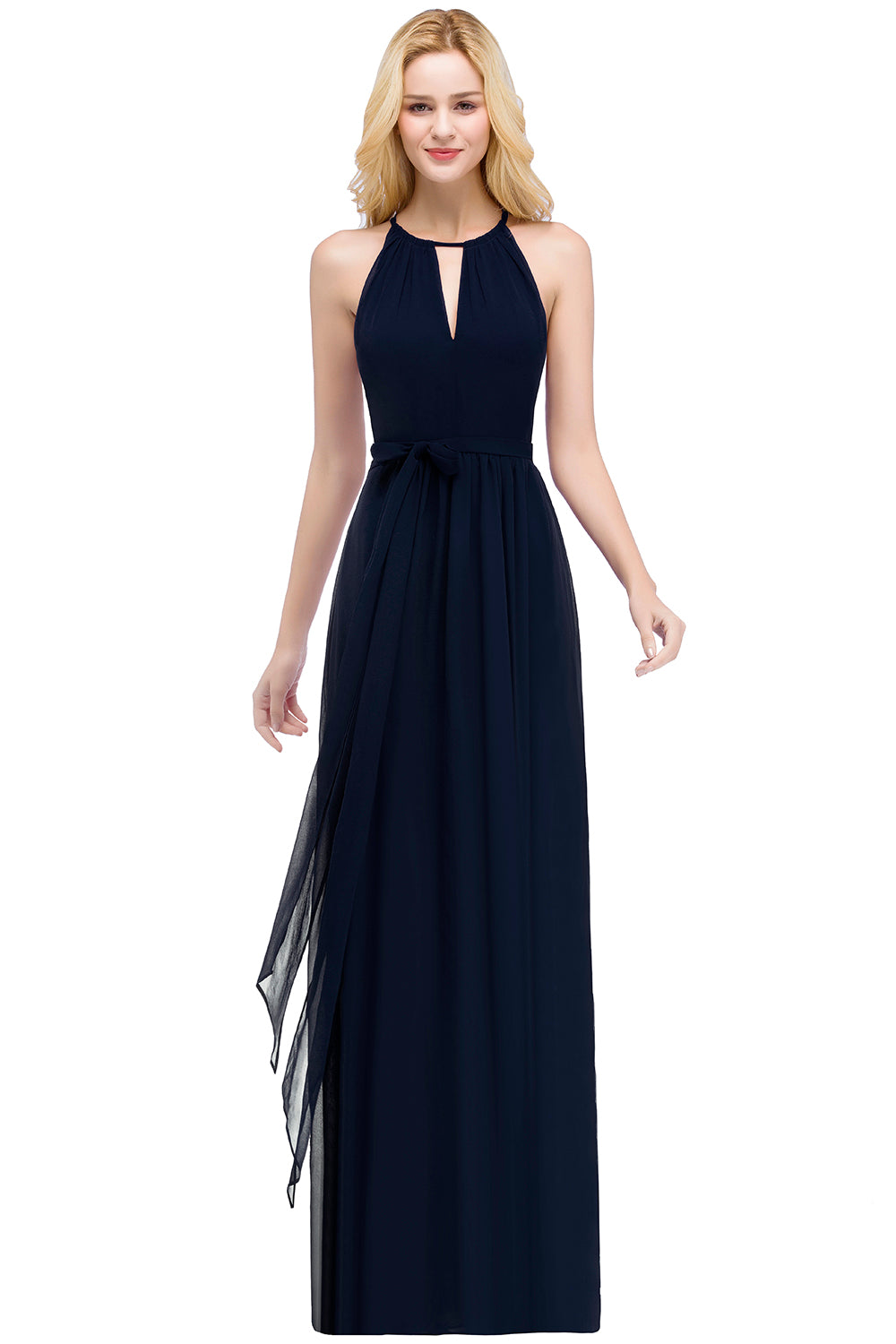 Navy Halter Chiffon A-Line Long Bridesmaid Dress with Bow