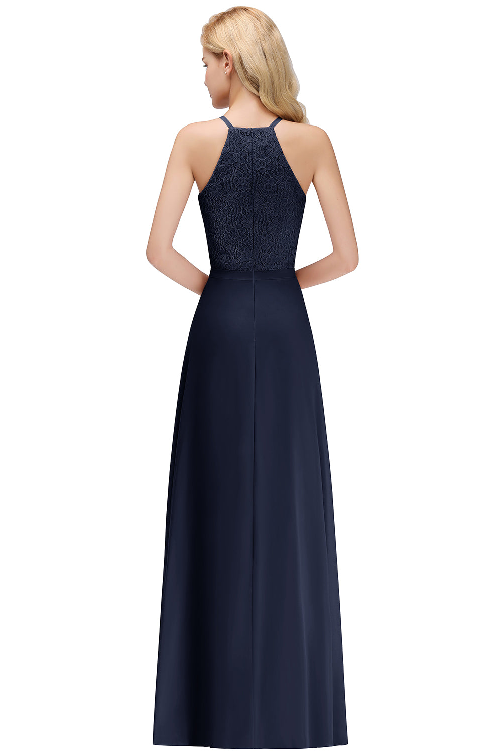Navy Halter Chiffon A-Line Long Bridesmaid Dress with Lace Appliques Back View