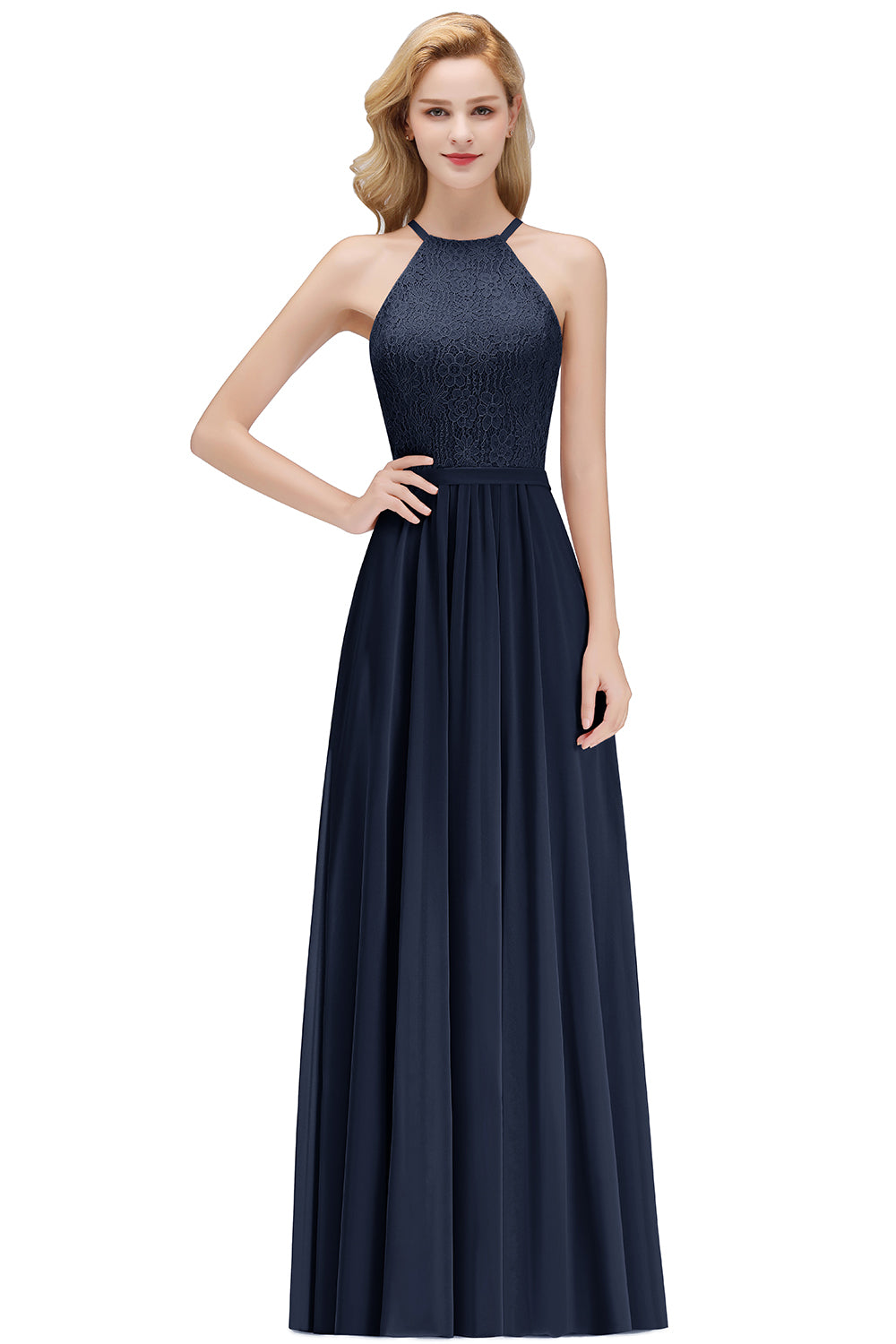 Navy Halter Chiffon A-Line Long Bridesmaid Dress with Lace Appliques