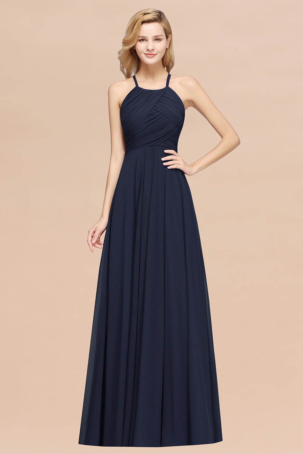 Navy Halter Chiffon A-Line Long Bridesmaid Dress with Ruching