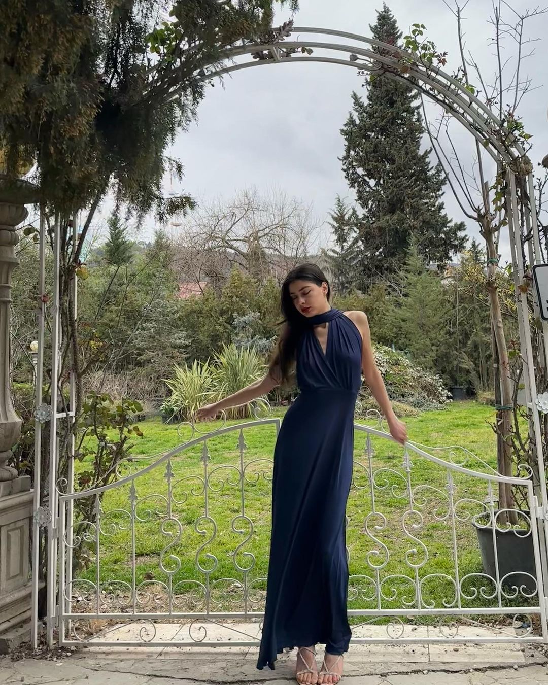 Navy Halter Jersey A-Line Long Bridesmaid Dress with Ruching
