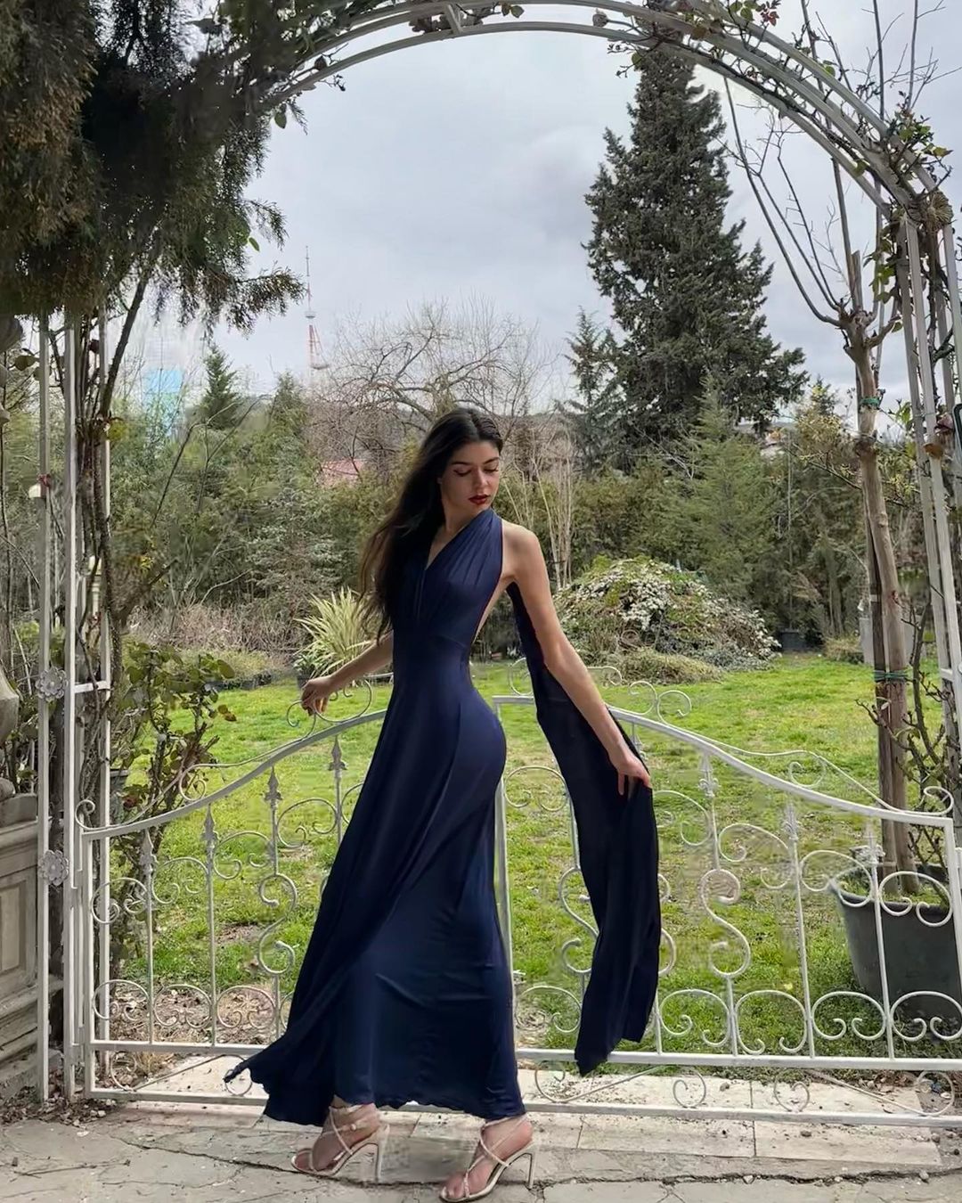 Navy Halter Jersey A-Line Long Bridesmaid Dress with Ruching