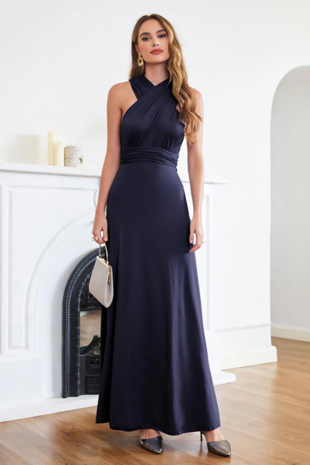 Navy Halter Jersey A-Line Long Bridesmaid Dress with Ruching