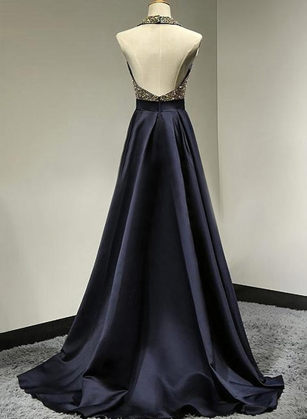 Navy Halter Satin A-Line Long Prom Dress with Beading Back View