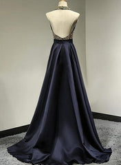 Navy Halter Satin A-Line Long Prom Dress with Beading Back View
