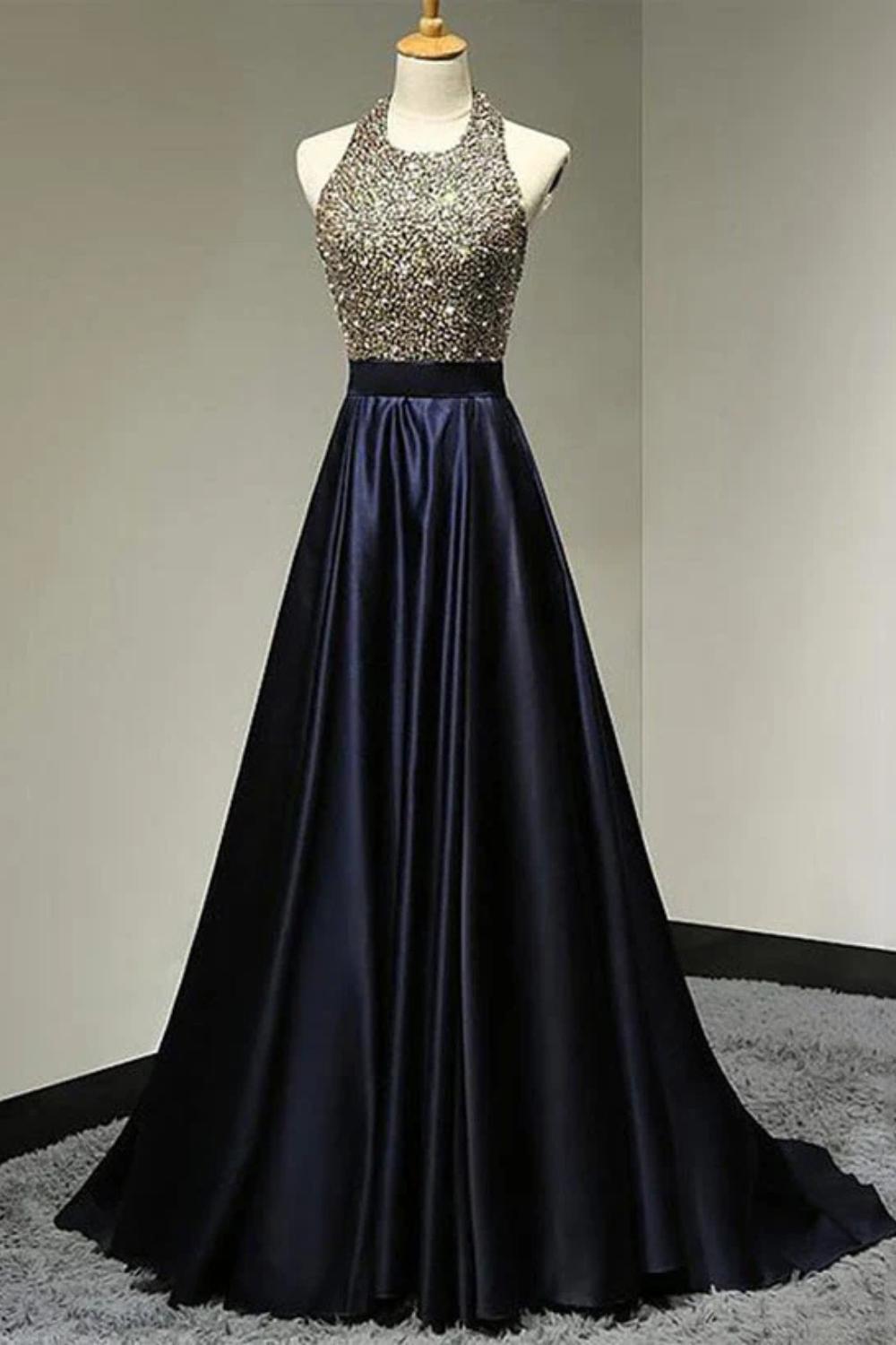 Navy Halter Satin A-Line Long Prom Dress with Beading