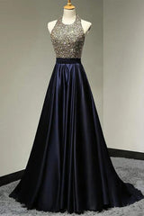 Navy Halter Satin A-Line Long Prom Dress with Beading
