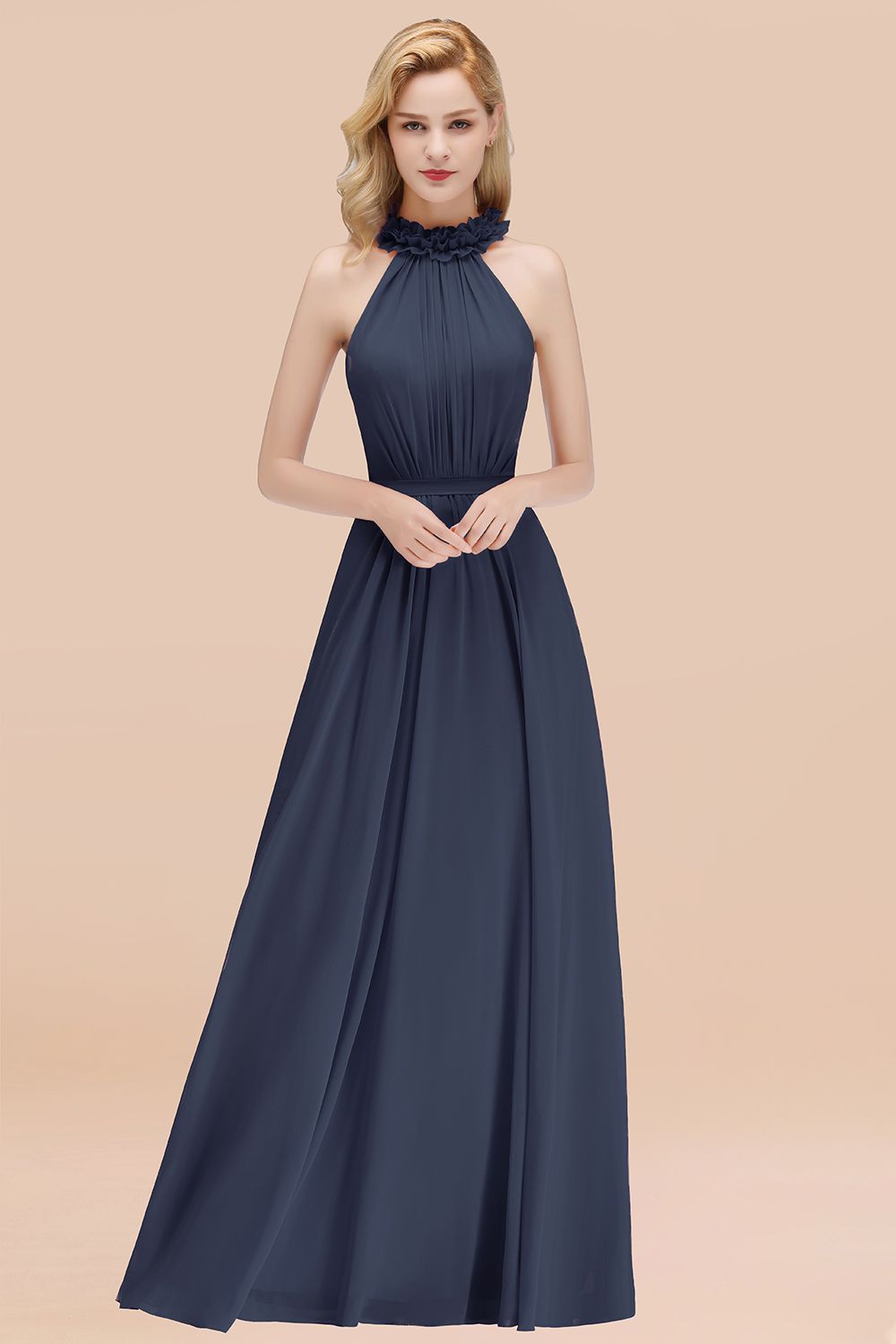 Navy High Neck Chiffon A-Line Long Bridesmaid Dress