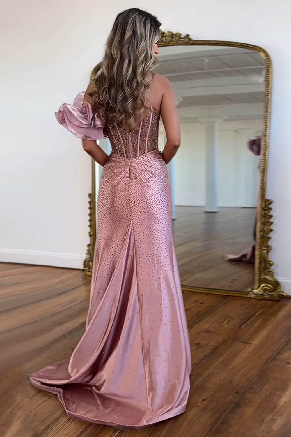 Navy Mermaid One Shoulder Beaded Long Corset Prom Dress with Slit