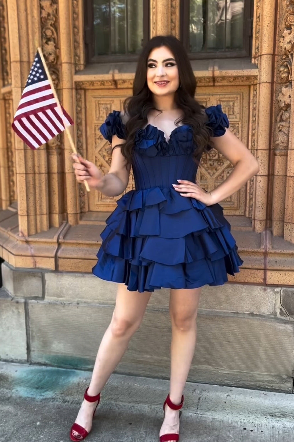 Navy Off The Shoulder A-Line Homecoming Dress with Ruffles