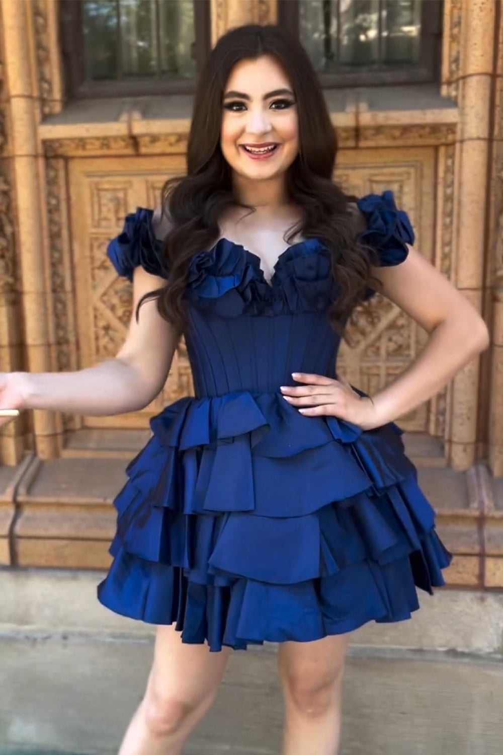 Navy Off The Shoulder A-Line Homecoming Dress with Ruffles