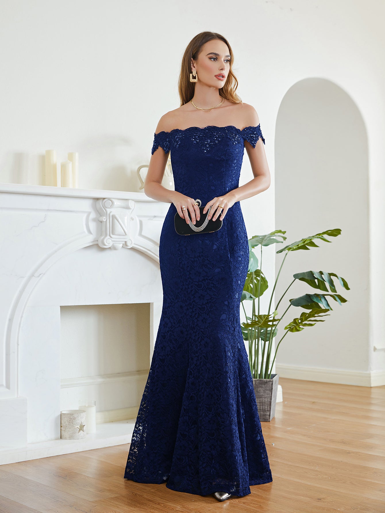 Navy Off The Shoulder Lace Mermaid Long Prom Dress
