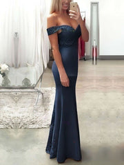 Navy Off The Shoulder Mermaid Long Prom Dress with Lace Appliques and Sweep Train Side View