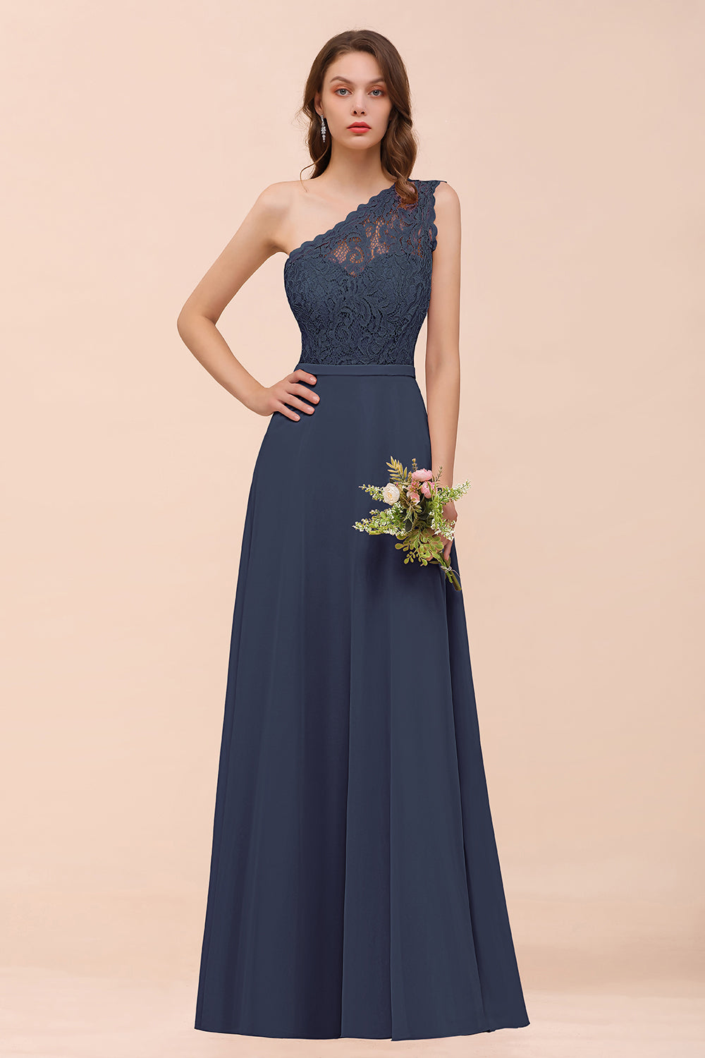 Navy One Shoulder Chiffon A-Line Long Bridesmaid Dress
